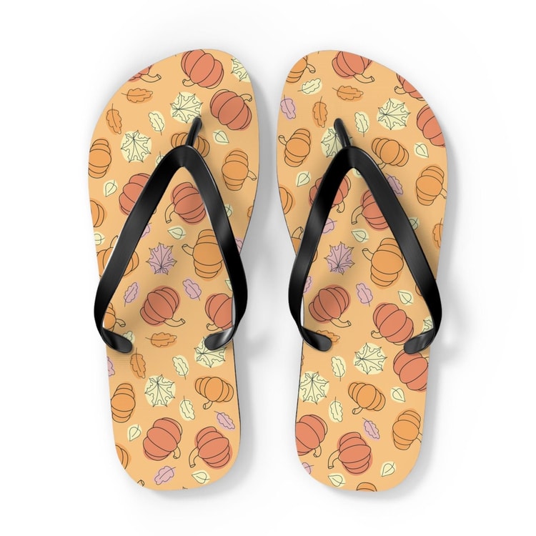 Pumpkin &amp; Autumn Leaves Flip Flops – Fall Harvest Casual Sandals