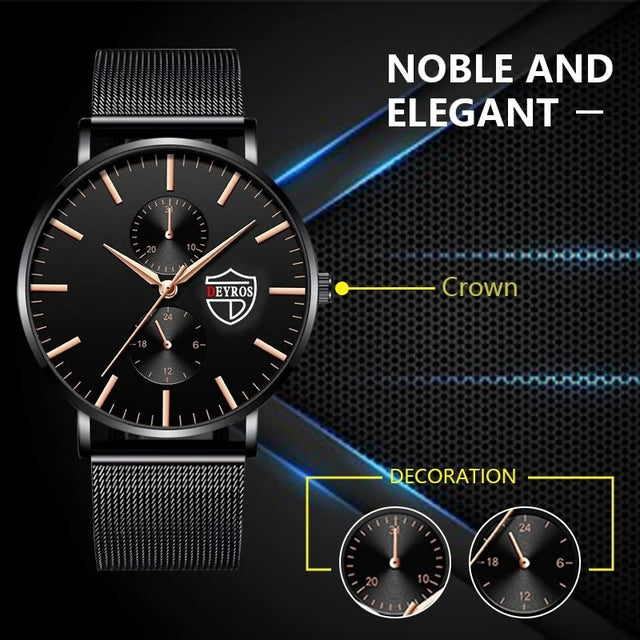 Men’s Business Casual Quartz Wrist Watch – Black Stainless Steel Mesh Belt, Ultra-Thin Design