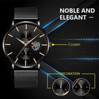 Men’s Business Casual Quartz Wrist Watch – Black Stainless Steel Mesh Belt, Ultra-Thin Design