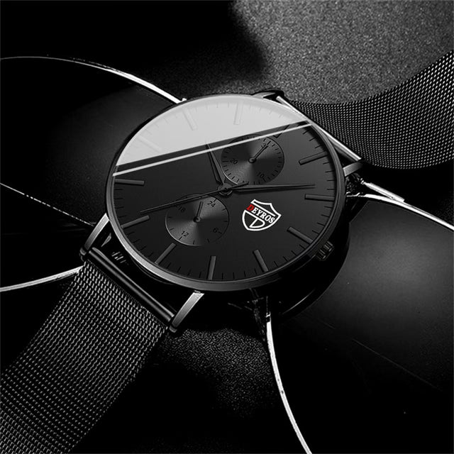Men’s Business Casual Quartz Wrist Watch – Black Stainless Steel Mesh Belt, Ultra-Thin Design