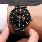 Men’s Business Casual Quartz Wrist Watch – Black Stainless Steel Mesh Belt, Ultra-Thin Design
