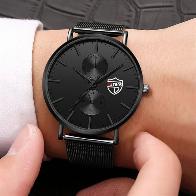 Men’s Business Casual Quartz Wrist Watch – Black Stainless Steel Mesh Belt, Ultra-Thin Design