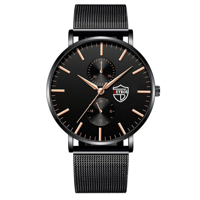 Men’s Business Casual Quartz Wrist Watch – Black Stainless Steel Mesh Belt, Ultra-Thin Design