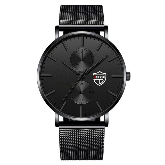 Men’s Business Casual Quartz Wrist Watch – Black Stainless Steel Mesh Belt, Ultra-Thin Design